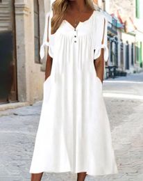 Casual Dresses Fashion For Women 2023 Summer Round Neck Half Sleeve Split Tied Detail Ruched Dress Vestido