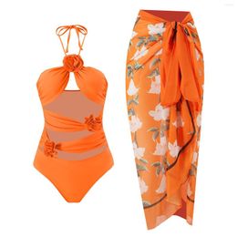 Women's Swimwear 2023 Sexy Halter Swimsuit One Piece Women Bandeau With Floral Beach Skirt Cut Out Bathing Suit Bodysuit Wear