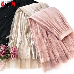 Skirts Women's Velvet Pleated Pearl Beading Skirt Tulle High Waist For Women Beads tulle s Jupe Femme 210428 Z230704
