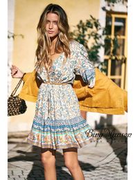 Casual Dresses 2023 Women's Summer Vintage Fashion Women Hippie Print V-Neck Bohemia Miniskirt Horn Sleeve Cotton Beach Dress