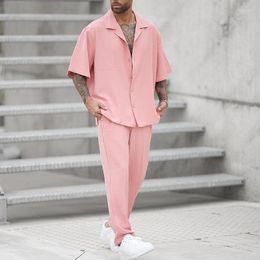 Men's Tracksuits Summer Fashion Shirts And Pants Two-piece Mens Sets Trend Solid Color Male Suit Pink Large Size Sweatshirts Ropa Hombre