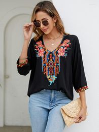 Women's Blouses KHALEE YOSE Floral Embroidery Blouse Shirt Bohemian Vintage Summer Black Mexican Women Ladies 2xl 3XL Ethnic Tops