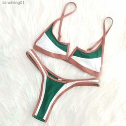 Retro Bikini Thong Brazilian Sexy Swimwear Women Patchwork Vintage Swimsuit Hot Summer Micro V-bar Green Bathing Suit Biquini XS L230619