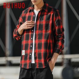 Men s Tracksuits RUIHUO Casual Plaid Shirt Men Slim Fit Cotton Wool Male Long Sleeve Shirts Fashion Brand Plus Size M 3XL 2023 Spring 230703