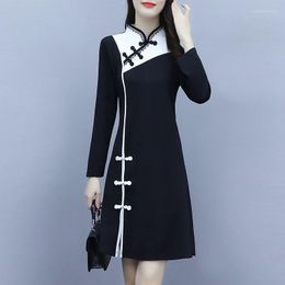 Ethnic Clothing Black Plus Size Slim Qipao Women Long Sleeve Chinese Dress Hanfu Cheongsam Vintage Robe Orientale Traditional Vestido 12779