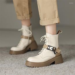 Boots Autumn Winter Round Toe Women Belt Buckle Chunky Heel Shoes For Short Mixed Color Ankle Platform