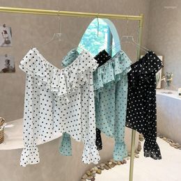 Women's Blouses V Neck Clavicle-exposed Ruffles Patchwork Vintage Blusas Mujer De Moda 2023 Polka Dot Design Sense Long Sleeve Shirt