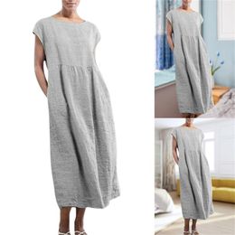 Casual Dresses Women's Solid Sleeveless O Neck Maxi Pockets Loose Baggy Kaftan Long Women Cocktail Shirt Dress Short Sleeve Sundresses