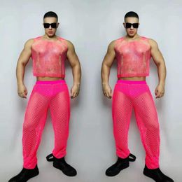 Stage Wear Sexy Nightclub Bar DJ Gogo Dance Costume Male Team Party Show Pink Perspective Tops Pants Festival Rave Outfits