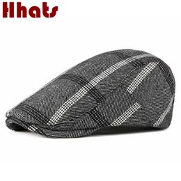 Wool Plaid Winter Flat Cap For Men Vintage Grid Male Cap Warm Classic British Style Ivy Cap Striped Cabbie Gastby Beret Bone