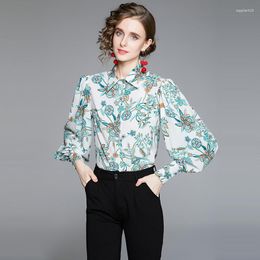 Women's Blouses Elegant Lantern Sleeve Women Print Office Lady Casual Loose Tops Lapel Puff Party Shirt Spring Blusas Mujer