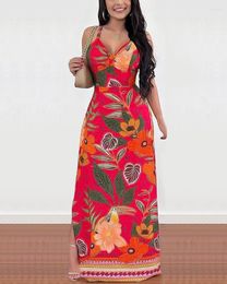 Casual Dresses 2023 Women Elegant Tropical Print Crisscross Sexy Backless Maxi Summer Vacation Dress