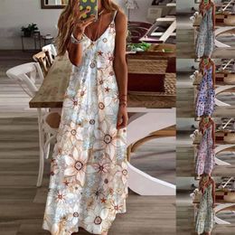 Casual Dresses Fashion Summer Women's Dress Bohemia Sexy V-neck Floral Print Loose Strap Prom Beach Long