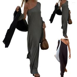 Casual Dresses Women Maxi Dress Sloping Shoulders Side Slit Lady Oblique Neck Loose Backless One Sleeve Summer Female Clothing