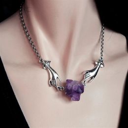 Natural Purple Crystal Necklace Magic Palmistry Hand Gothic Witch Magical Necklaces Choker Gothic Wicca Witchcraft Gemstone Jewelry Gifts for Women Wholesale