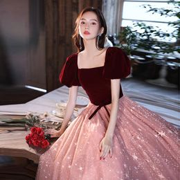 Party Dresses Elegant Square Neck Evening Burgundy Color-blocked Bubble Short-sleeved Bow Tulle Floor-Length Engagement Gonws