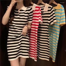 Casual Dresses Korean Stripe T-shirt Dress Women Vingate Polo Callor Short Sleeve Straight Summer Loose Mini Robe Lady Vestidos