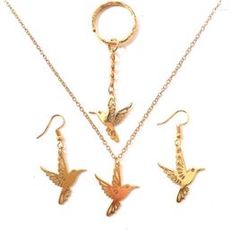 Necklace Earrings Set Gold Color Humming Bird Jewelry Golden Animal Jewellery Keychain Link Chain Women Fashion Party Gift