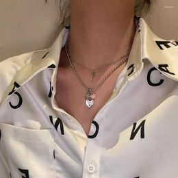 Pendant Necklaces VSnow Sweet Double-Layer Pink Love Heart Letter Lock Key Necklace For Women Punk Round Bead Metal Chain Jewelry