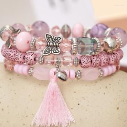 Charm Bracelets Bohemian Pink Butterfly Pendant Beads Set For Women Lava Stone Wristband Bracelet Jewelry Pulseras Feminina