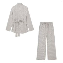 Women's Two Piece Pants Women 2023 Fashion Summer Striped Kimono Coat Pajamas Wind Trousers Retro Long Sleeve Casual Chic Female Suit Mujer