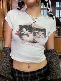 Cartoon Cat Print Harajuku Crop Top Spring Summer Short Sleeve T-shirt Y2K Kawaii Korean Fashion Clothes Fairycore Tees