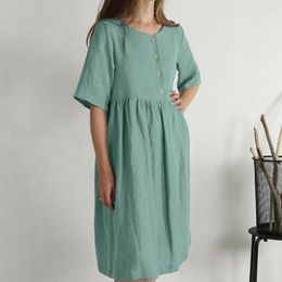 Casual Dresses Women Summer Dress Button Decoration O Neck Ladies Solid Color Half Single-breasted Loose Knee Length A-line