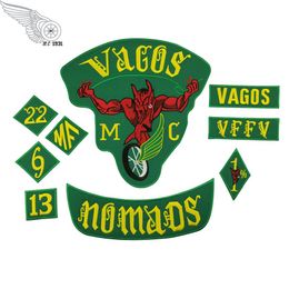 Fashion Vagos 1% MC Full Of Jacket Vest Embroidered Patch Green Motorcycle Biker Vest Patch Rock Punk Patch 9 Pcs Lot Shippi255u