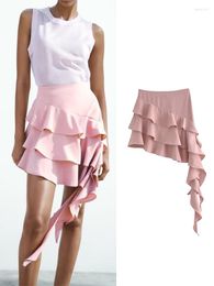 Skirts Asymmetrical Hem For Women Pink Ruffles Woman Skirt Summer High Waist Female Streetwear Chic Women's