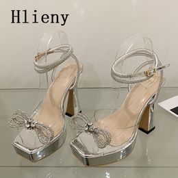 Slippers Hlieny 2023 Sexy PVC Transparency Sandals High Heel Pumps Fashion Bowknot Crystal Square Toe Platform Prom Shoes 230703
