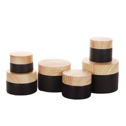 5/10/15/20/30/50g Frosted Black Glass Refillable Cosmetic Jars Empty Cream Lip Balm Storage Container Pot With Wood Grain Lids Ssmne