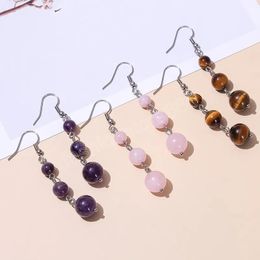 Natural Yellow Tiger Eye Pink Quartz Round Bead Dangle Earrings Women Fashion Jewelry 6 8 10mm Drop Stainless Steel Ear Studs