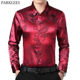 Men's Casual Shirts Wine Red Smooth Silk Satin Shirt Men Chinese Dragon Jacquard Mens Slim Fit Long Sleeve Button Down Dress Shirts Chemise 4XL Z230707