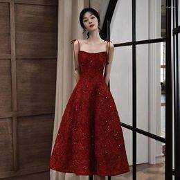 Party Dresses Elegant Suspender Evening Dress 2023 Lace Sequins Fashion Backless Wine Red Homecoming Gonws