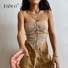 Women's Tanks YiDuo 2023 Khaki Bandage Tube Tank Top Strapless Bustier Summer Y2K Sexy Women Crop Tops Corset Party Streetwear