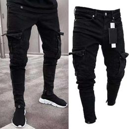 New Fashion Brand Men Skinny Cargo Jeans Long Pant Denim Combat Biker Pocket Stretch Work Trousers Black men jeans X0621215o