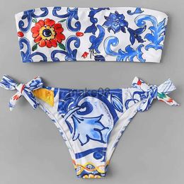 Women's Swimwear 2023 Bikini Bandeau Ruffle Swimsuit Sexy Bikinis Women Swimwear Floral Printed Vintage Striped Bottom Bikini Set Bathing Suit #O J230704