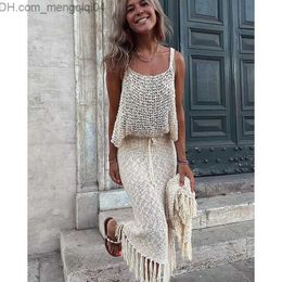 Women's Swimwear Women's Swimwear Cover-ups Knitted Sexy See Through Mesh Beach Cover Summer Camisole Blouse Tassel Long Skirt Two-piece Set Hollow Out Dress Z230704