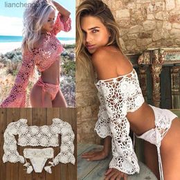 Hand Crochet Bikini Set Women boho Sexy cover up swimming trunks beach Swimwear festival clothing L230619