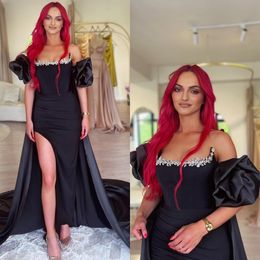 Prom Fashion Black Dresses Strapless Beads Collar Evening Gowns Puffy Sleeves Pleats Slit Formal Long Special Ocn Party Dress