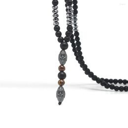 Pendant Necklaces Matte Black Obsidian Hematite Spacer Beads With Old Man Head And Tiger-eye Stone Y Necklace