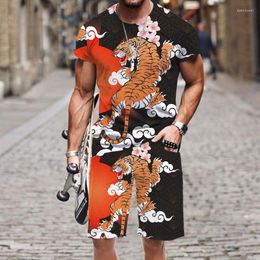 Men's Tracksuits T-shirt Shorts Set Tiger Pattern Casual Fashion Beach Harajuku Funny Tops Spring Autumn Outfit Street O Neck 2023