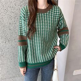 Women's Sweaters Pullovers Houndstooth Knitted Streetwear Loose Oversized Harajuku O Neck Knitwear Female Clothing