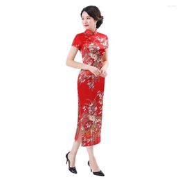 Ethnic Clothing Shanghai Storey Long Qipao Satin Cheongsam Chinese Traditional Dress Short Sleeve Faux Silk