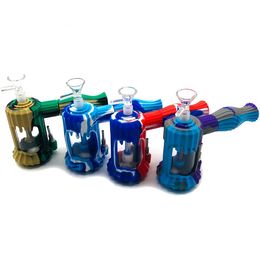 2IN1 Colourful Silicone Bubbler Bong Pipes Kit Oil Rigs Nails Tip Straw Philtre Handpipes Portable Glass Dry Herb Tobacco Handle Bowl Waterpipe Hookah Smoking Holder