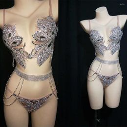 Stage Wear Shining Rhinestones Beading Spaghetti Strap Sexy Women Nude Bikini Pole Dance Costume Bar Nightclub DJ Party Clothing