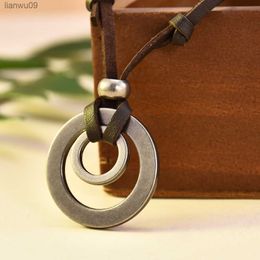 Vintage Men Women Double Circle Adjustable Leather Cord Necklace Pendant Jewelry Christmas Gift Initial Necklace L230704