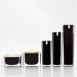 30/50/100ml Square Black Acrylic Lotion Pump Cosmetic Bottles Luxury Skin Care 15/30/50g Cream Jar Makeup Avoid Light Container Pot F02 Qhhg