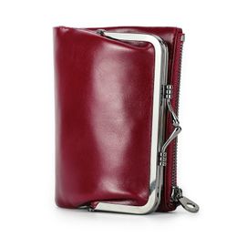 Contact'S Small Metal Frame Purse Ladies Genuine Leather Coin Wallet Women Vintage Hasp and Zipper Purses for Woman Cards