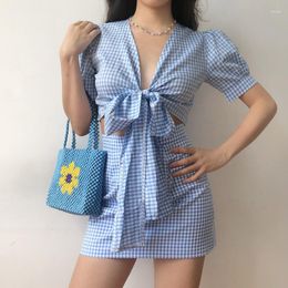 Casual Dresses Retro Blue And White Plaid Bandage Bubble Sleeve Top High Waist Short Skirt Suit